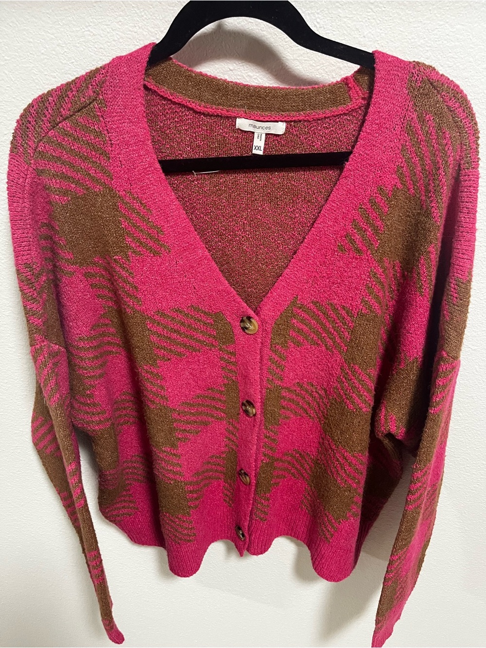 Maurices Pink and Brown Patterned V-Neck Button Cardigan